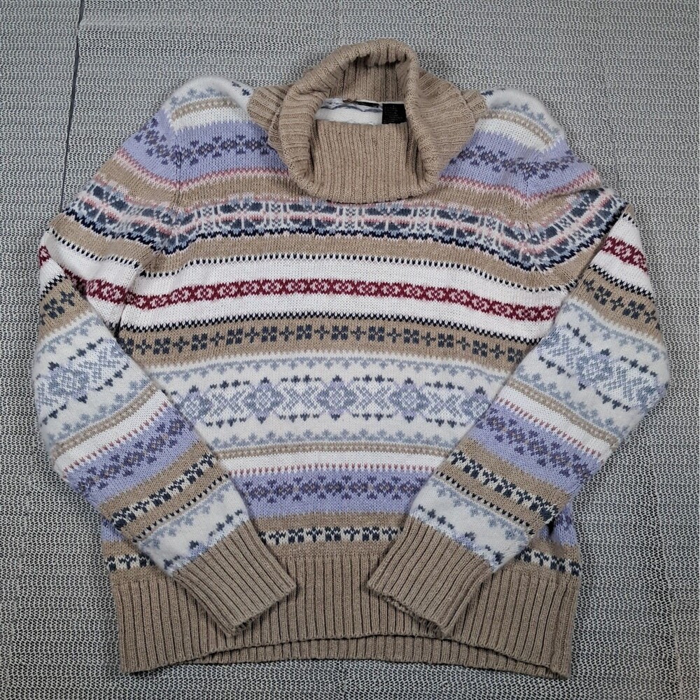 Fair Isle Style Women's L Turtle Neck Sweater Cotton Rabbit Hair Lambswool Blend